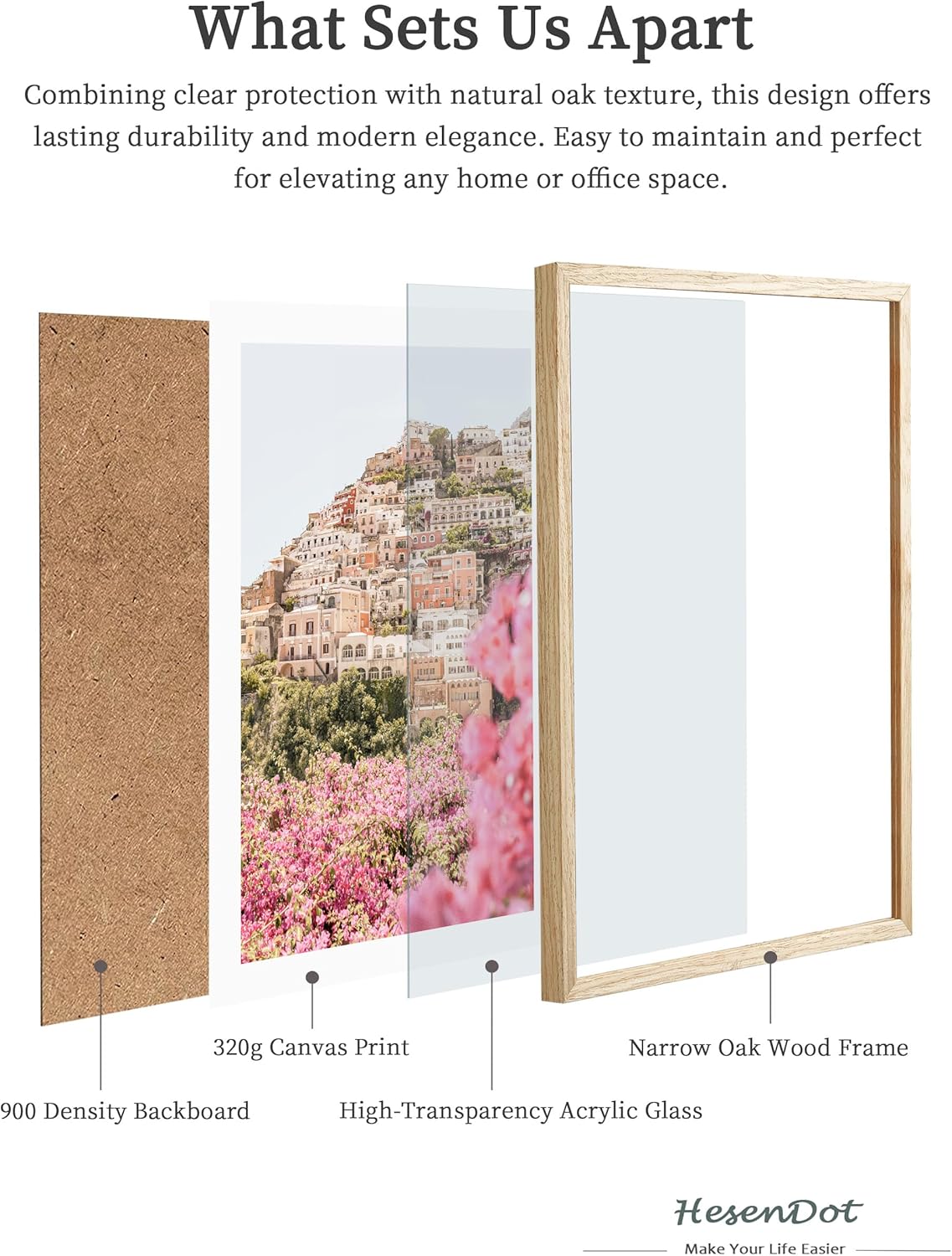 HesenDot Natural OAK Wood Amalfi Coast Framed Wall Art,12x16in Italy Beach Canvas Wall Print, Pink