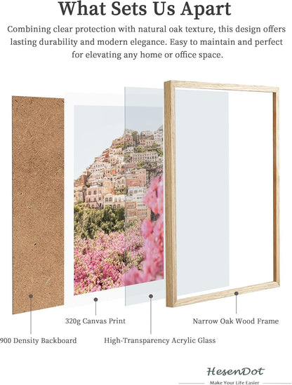 HesenDot Natural OAK Wood Amalfi Coast Framed Wall Art,12x16in Italy Beach Canvas Wall Print, Pink
