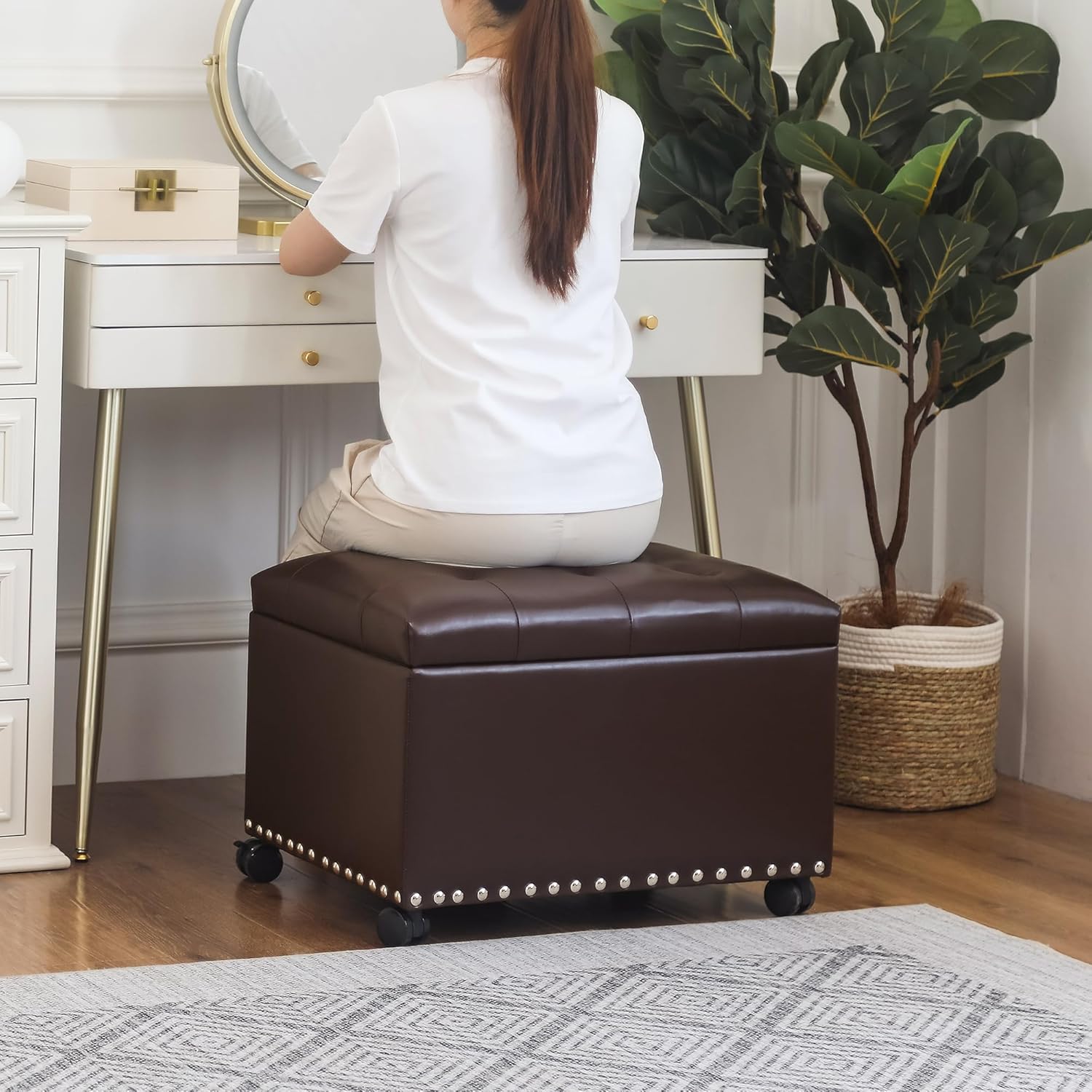 Joveco Leather Storage Ottoman with 360° Wheels 24" Rolling Foot Rest Bench Rectangle Ottomans