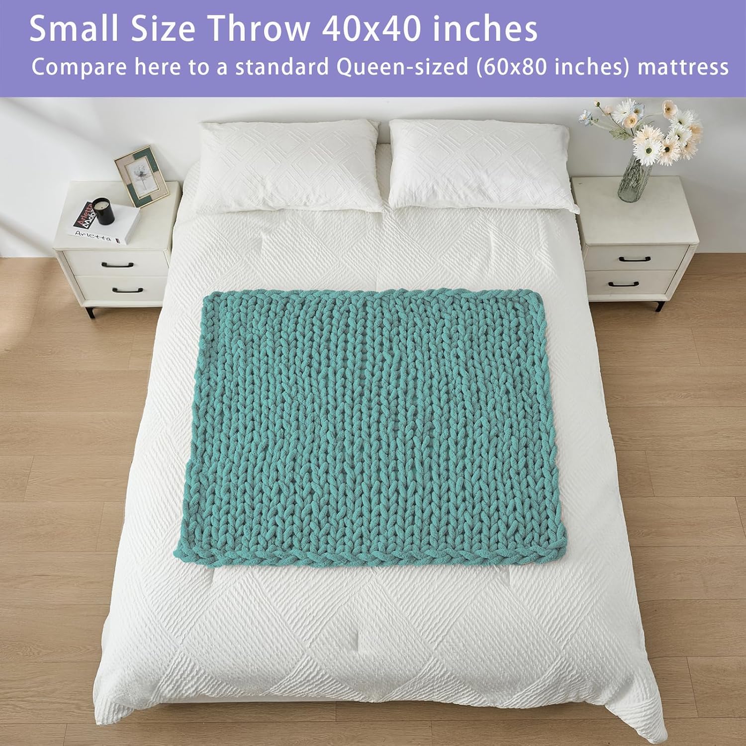 Bigacogo Chunky Knit Throw Blanket for Couch, 40x40 inches, 100% Hand Knitted with Thick Jumbo