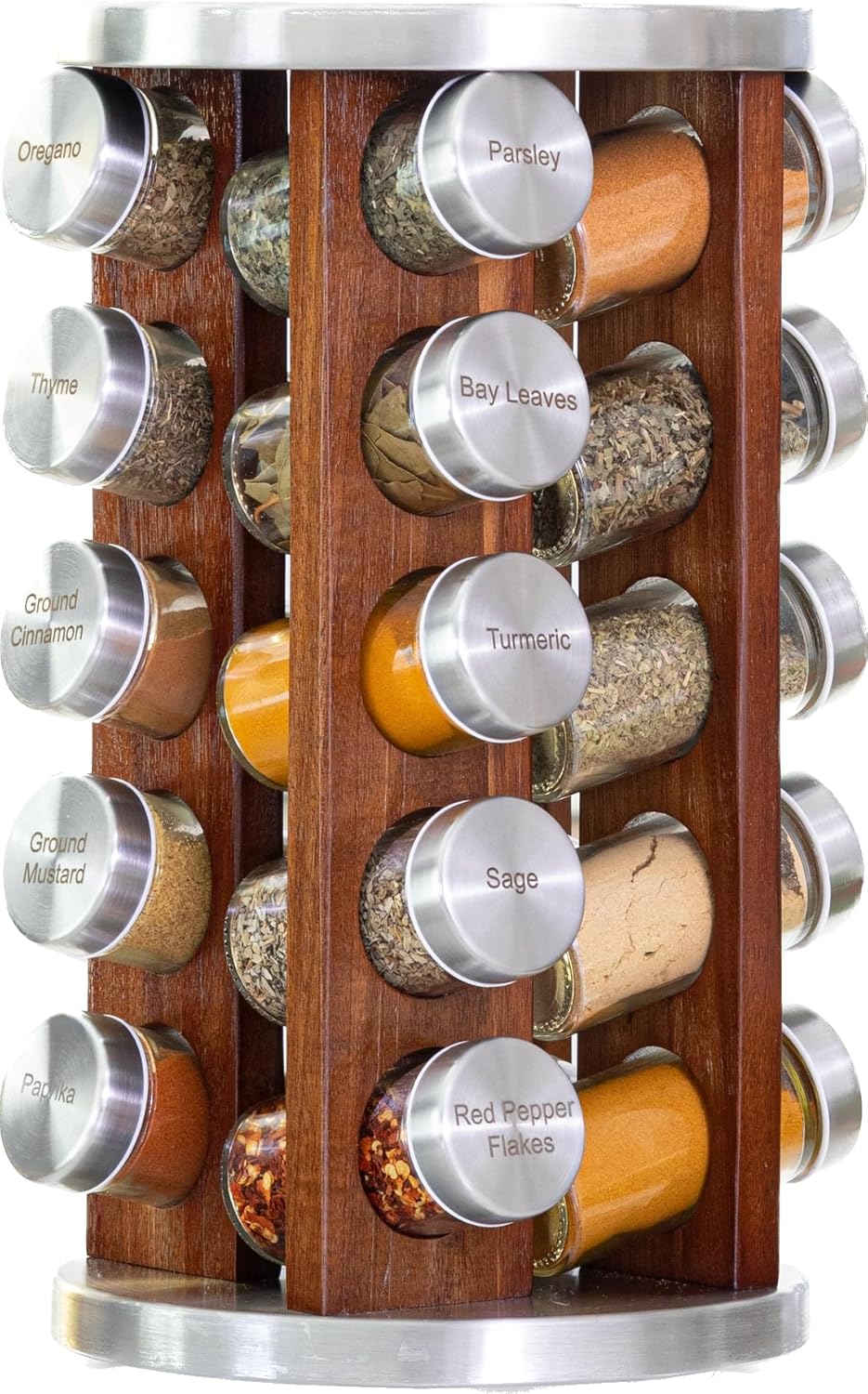 Orii 20 Jar Dark Acacia Wood Spice Rack with Spices Included - Rotating Tower Organizer for Kitchen