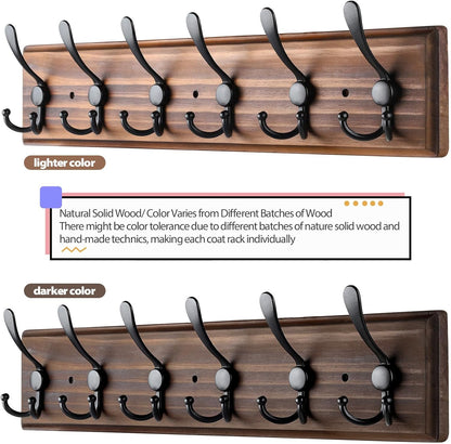 Coat Rack Wall Mount, Wooden Heavy Duty Coat Rack for Wall,6 Triple Coat Hanger Hooks for Hanging