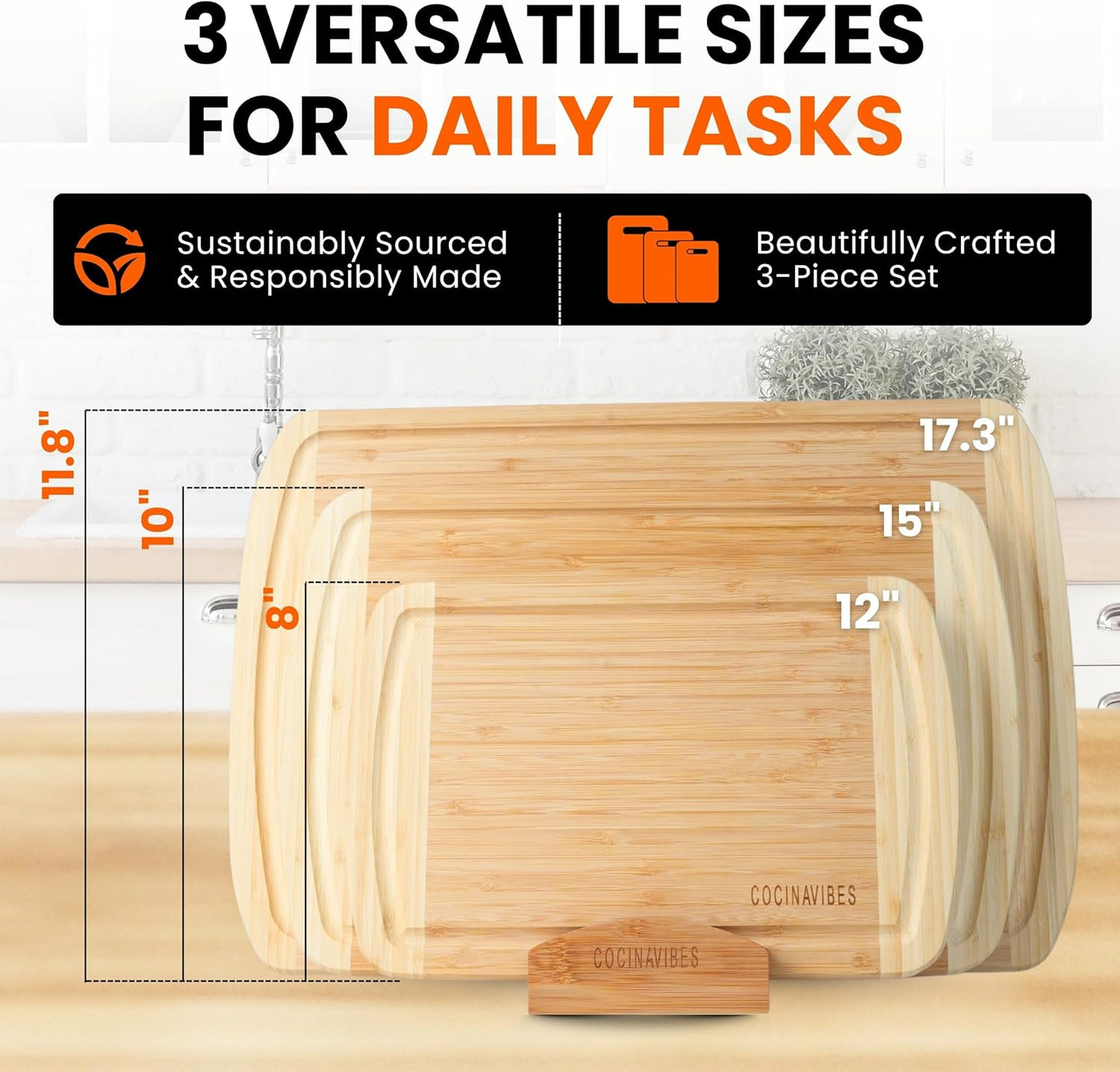 Bamboo Cutting Board Set – Charcuterie & Chopping Boards for Kitchen, Large & Small Sizes, Safe
