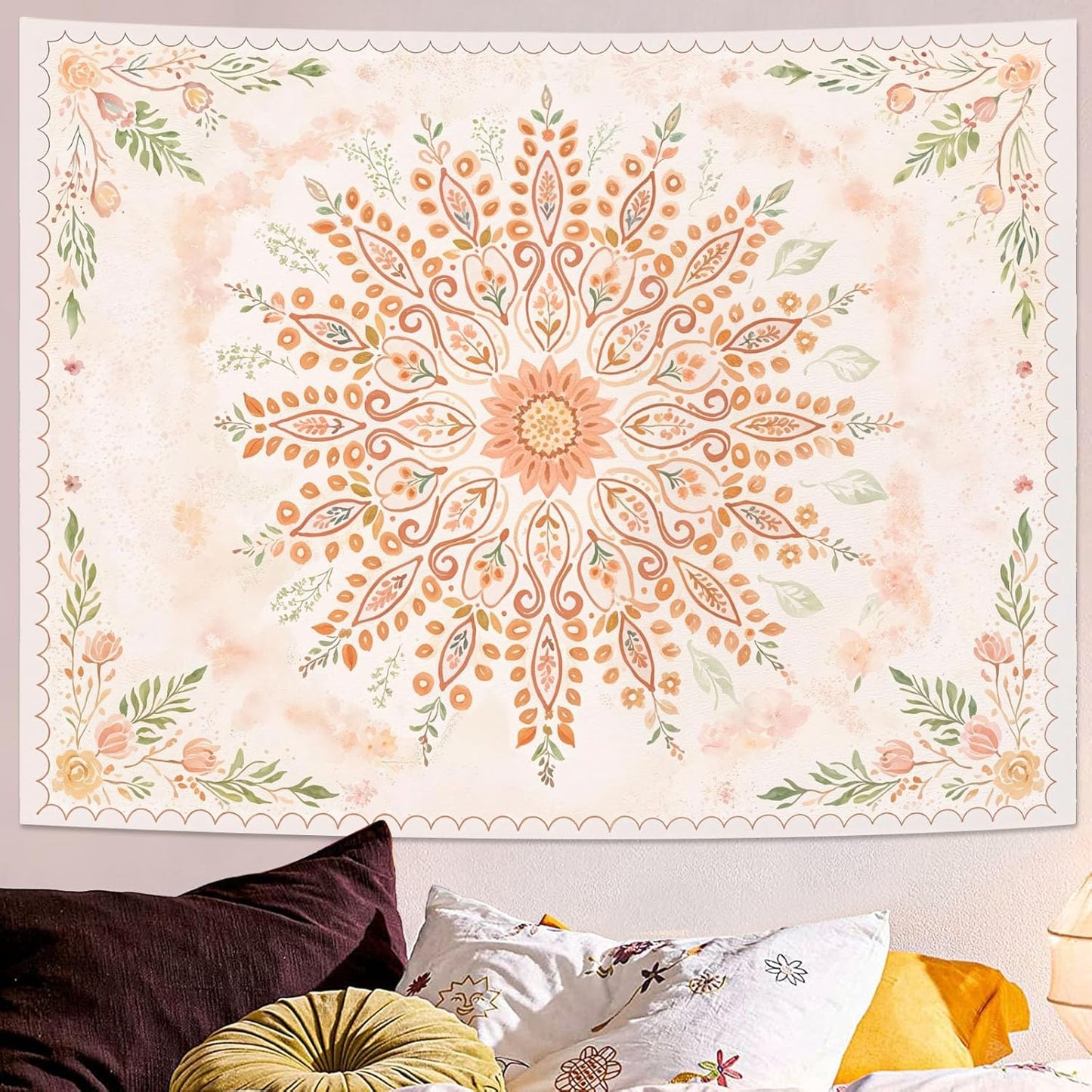 Lunerfex Floral Mandala Tapestry Boho Tapestry for Bedroom Peach Tapestries Wall Hanging Living