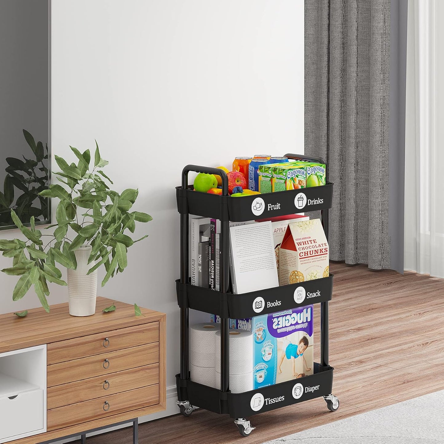 Laiensia 3-Tier Kitchen Storage Cart,Multifunction Utility Rolling Storage Organizer,Mobile
