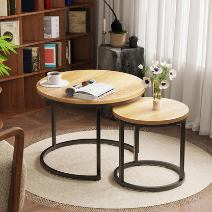 Smuxee Nesting Coffee Table Set of 2, 23.6" Round Coffee Table Brown Wood with Adjustable Non-Slip