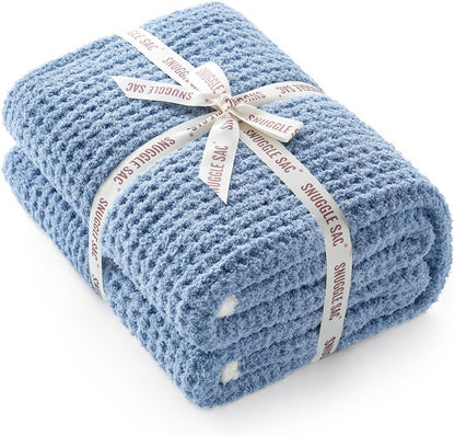 Snuggle Sac Ultra Soft Waffle Throw Blanket for Couch Bed Sofa 50x60 inches, Reversible Blue