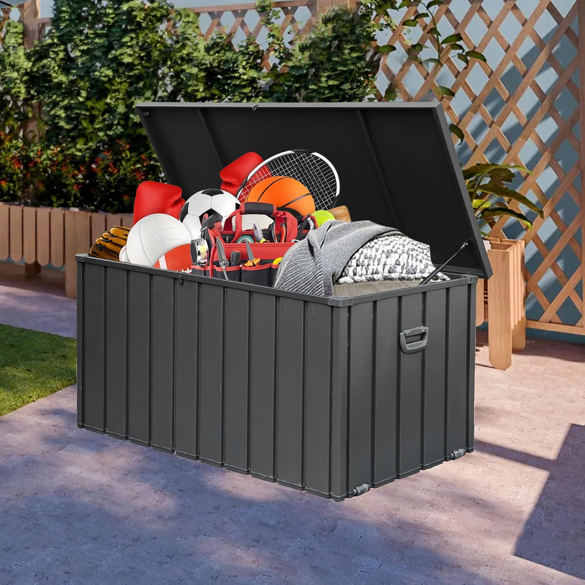 Domi 150 Gallon Deck Box, Outdoor Metal Lockable Storage Cabinet, Waterproof Steel Outdoor Bench