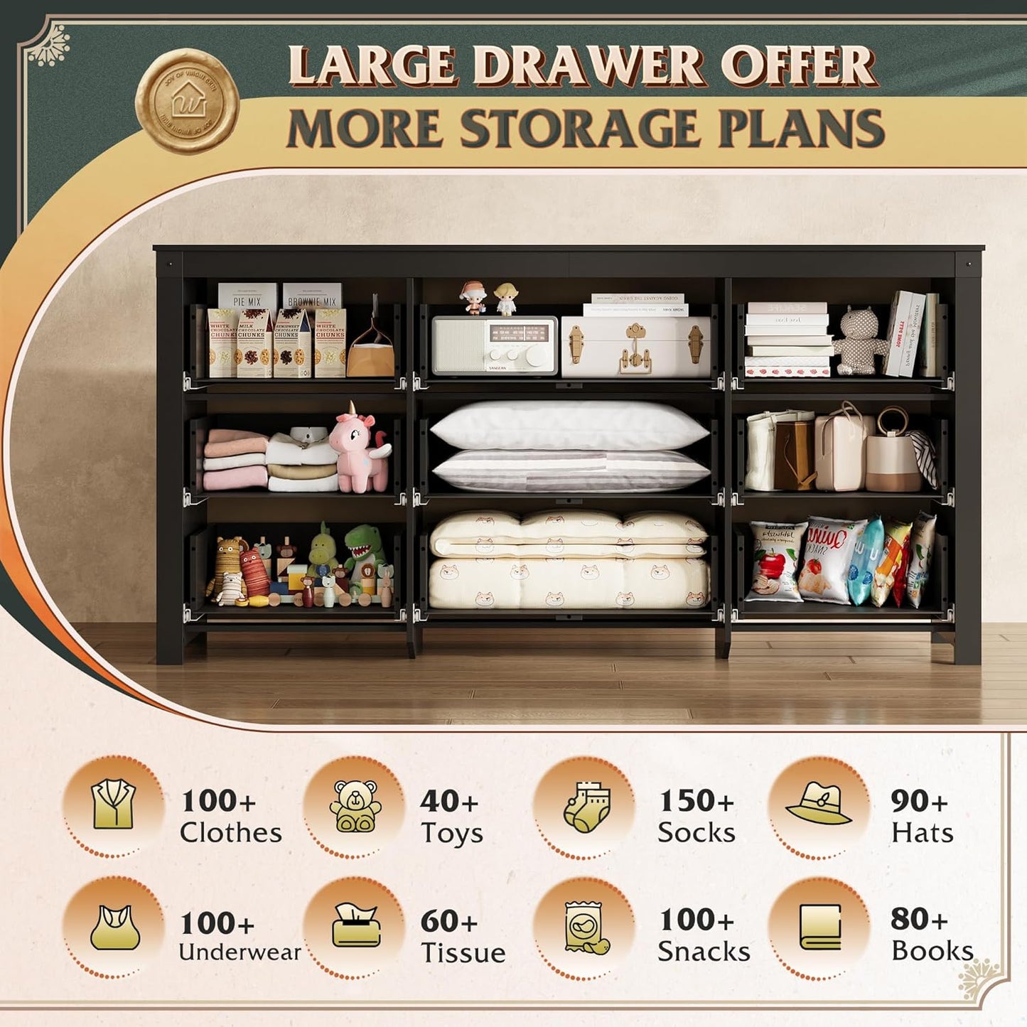 WLIVE Farmhouse Dresser for Bedroom, 63" Wide 9 Drawer Dresser Storage Organizer, Wood Chest of