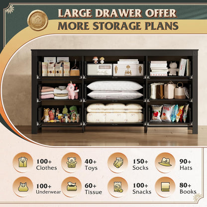 WLIVE Farmhouse Dresser for Bedroom, 63" Wide 9 Drawer Dresser Storage Organizer, Wood Chest of
