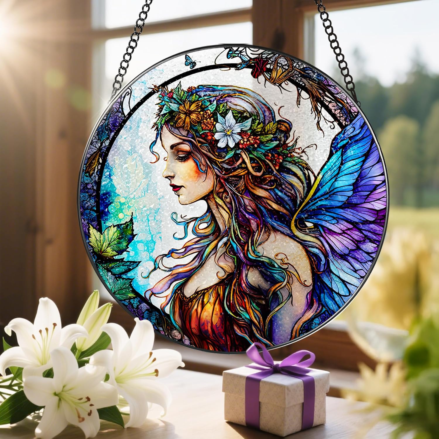 Stained Glass Window Hanging, LAOWEIKI 8'' Fairy Suncatcher, Stained Glass Ornament, Suncatchers