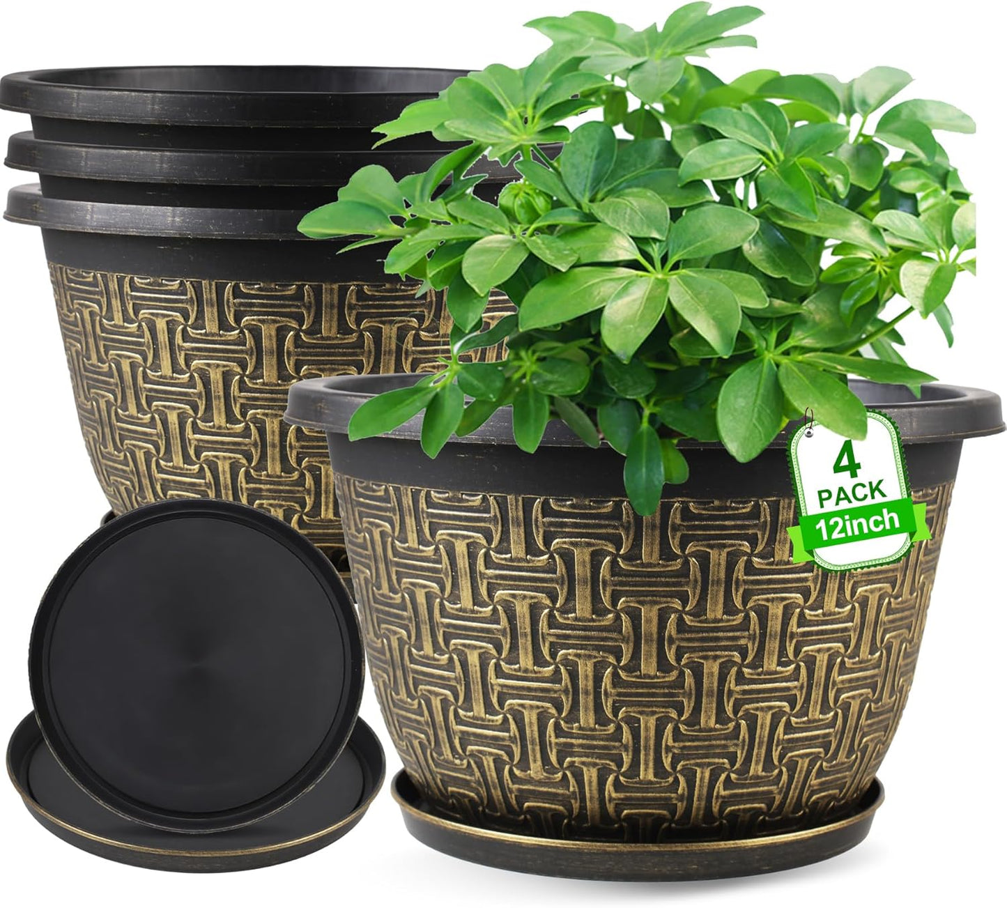 4 Pack 12 Inch Plant Pots,Large-Plant-Flower-Planters-Plastic, Flower Pots Outdoor Indoor with