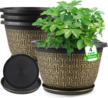 4 Pack 12 Inch Plant Pots,Large-Plant-Flower-Planters-Plastic, Flower Pots Outdoor Indoor with