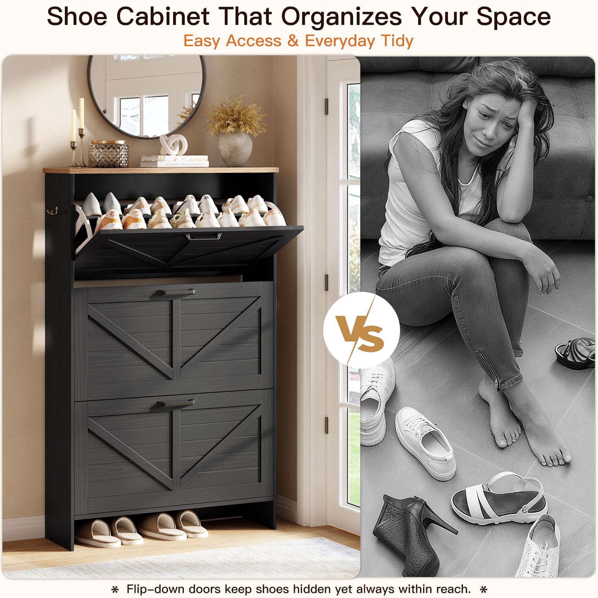 Nicetree Shoe Storage Cabinet for Entryway, 9.1" Ultra Slim 3-Drawer Flip Shoe Cabinet, Modern