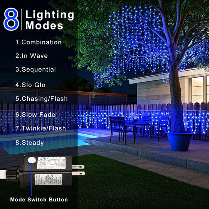 33ft 400LED Icicle Lights for Outside, Blue Christmas Lights for House Patio Yard Porch Backyard
