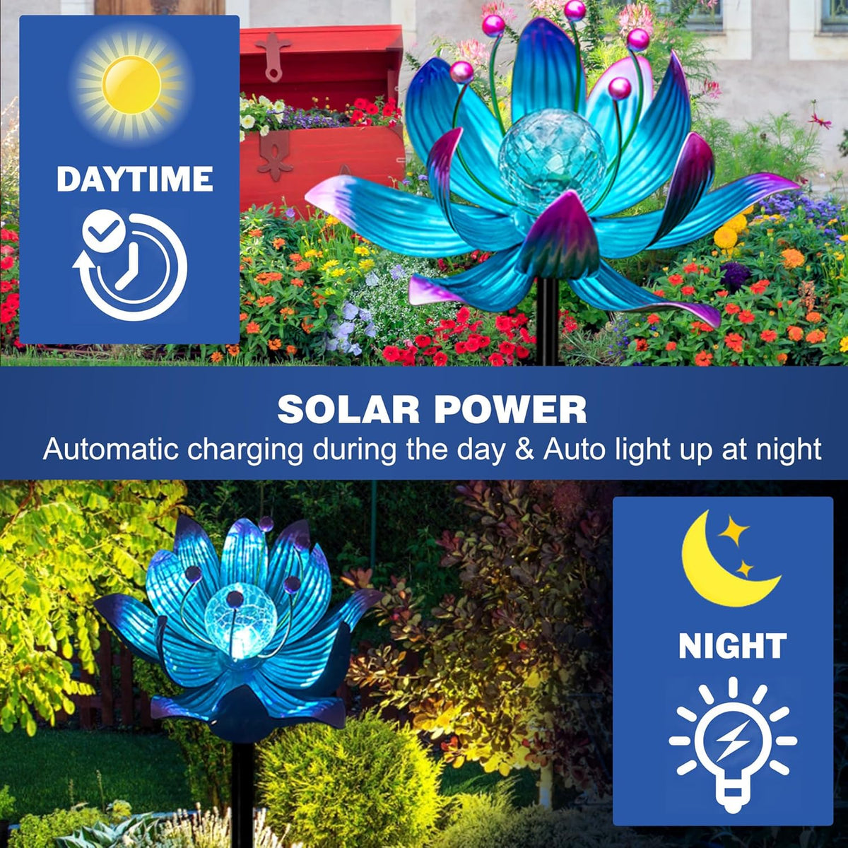 Solar Wind Spinner, 38 Inch Metal Stake Yard Spinners,Solar Powered Multi-Color LED Glass Ball with