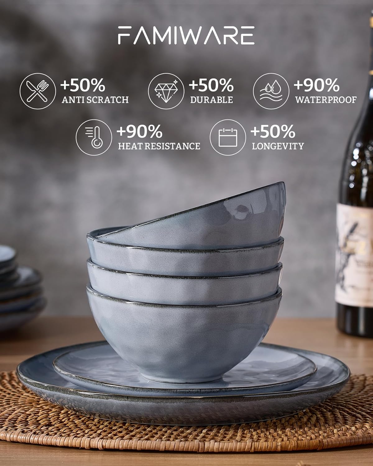 Famiware Dinnerware Sets for 8, Ocean Round 24-Piece Kitchen Plates and Bowls Sets, Reactive Glaze