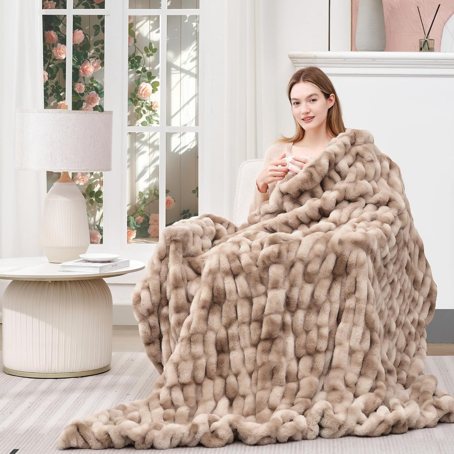 Touchat Ruched Faux Rabbit Fur Blanket, 700 GSM Luxury Dual-Sided Soft Cozy Blanket, Fuzzy Fluffy
