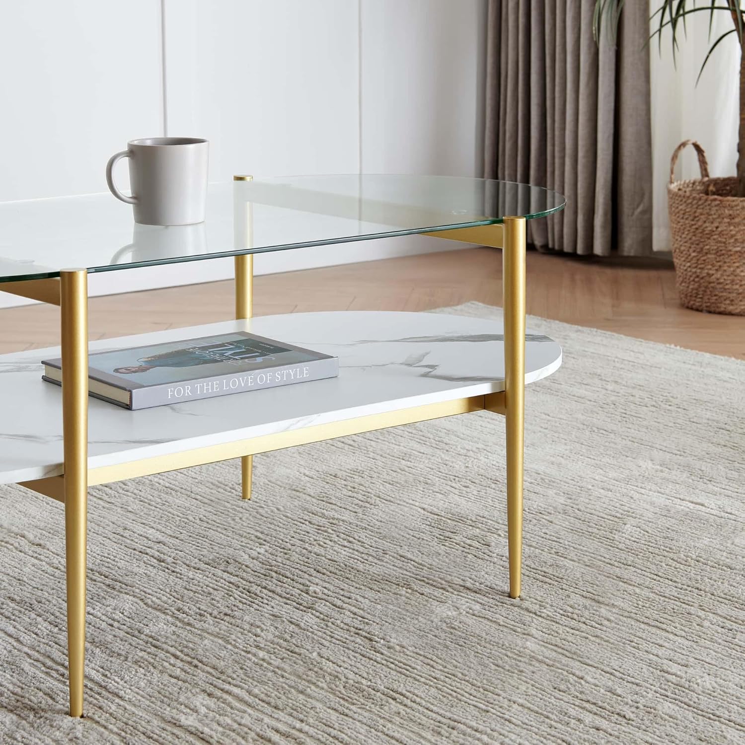 Oval Coffee Table, Mid-Century Modern Design, L41 x W21 x H17 inch, for Living Room, Clear Glass
