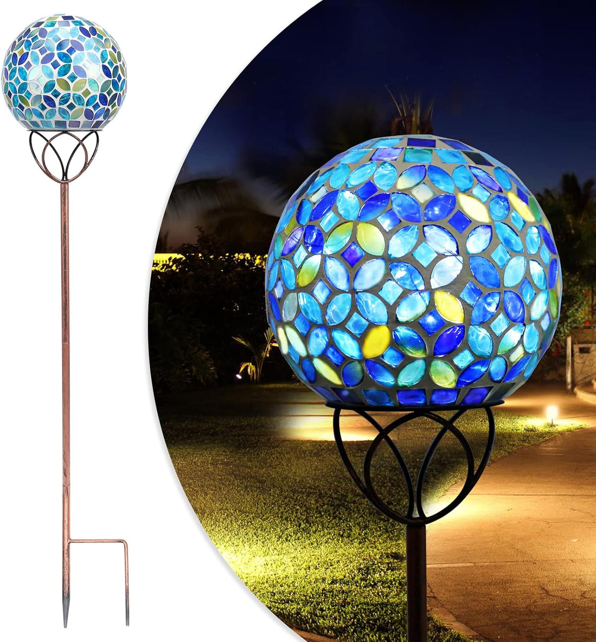 Solar Lights Outdoor Decorative, Solar Gazing Ball Mosaic Garden Stakes Decorative Waterproof