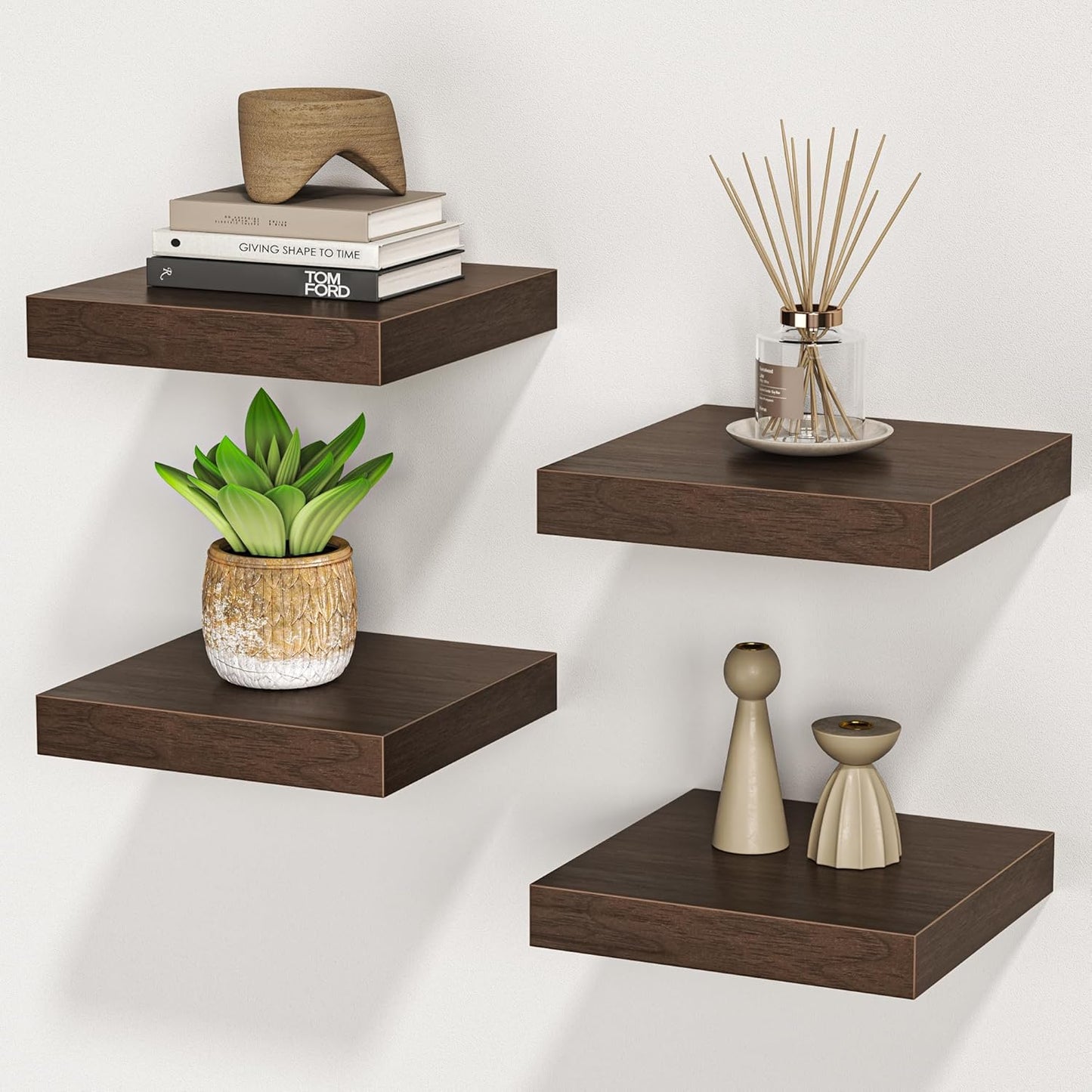 Square Floating Shelves for Wall, 8" W x 8" D x 1.2" H, Small Wooden Wall Mounted Display Shelves