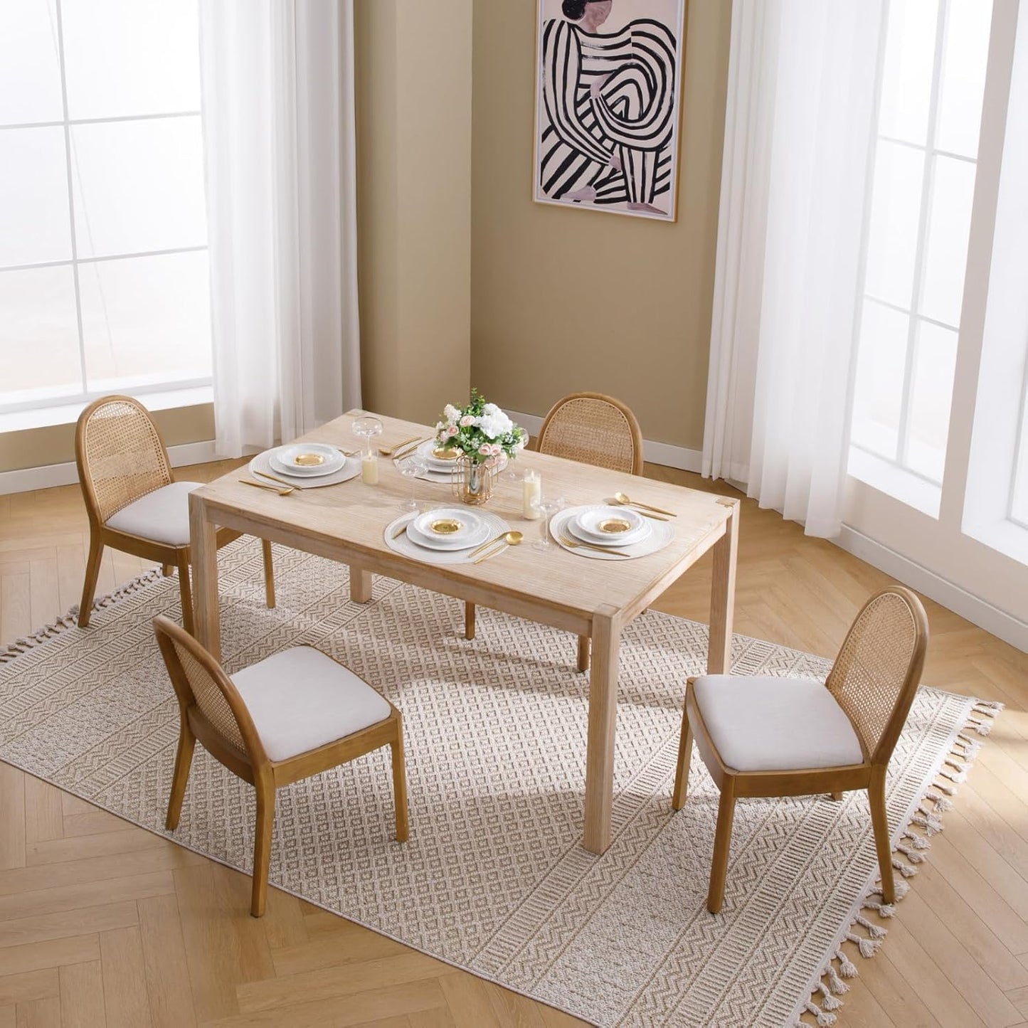 Mid Century Dining Chairs Set of 4, Accent Rattan Linen Fabric Side Chairs Kitchen Chair with Solid