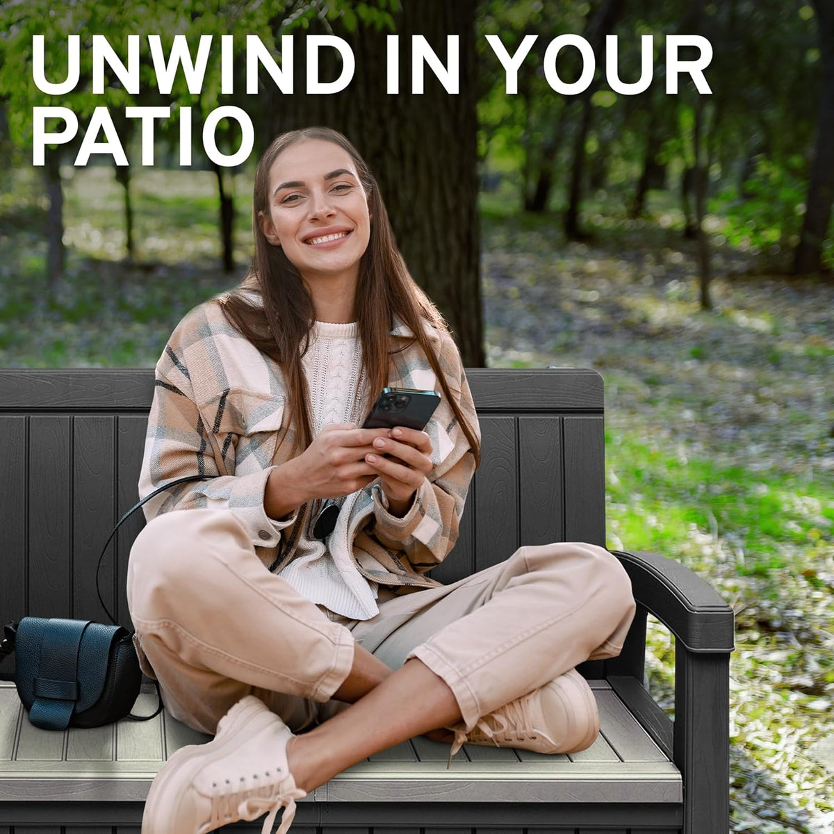 EconoHome 2 Seat Outdoor Storage Bench with Rain Cover - 60 Gallon Capacity - Weatherproof Resin