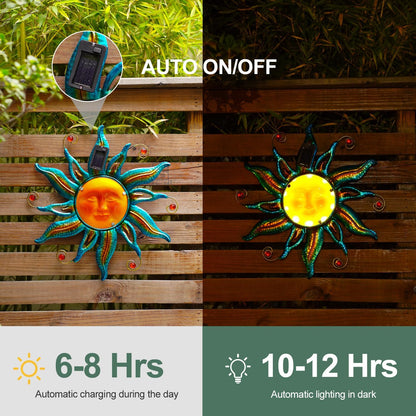 Goodeco Solar Sun Face Wall Art – Metal Outdoor Wall Decor with Solar LED Lights for Garden & Patio