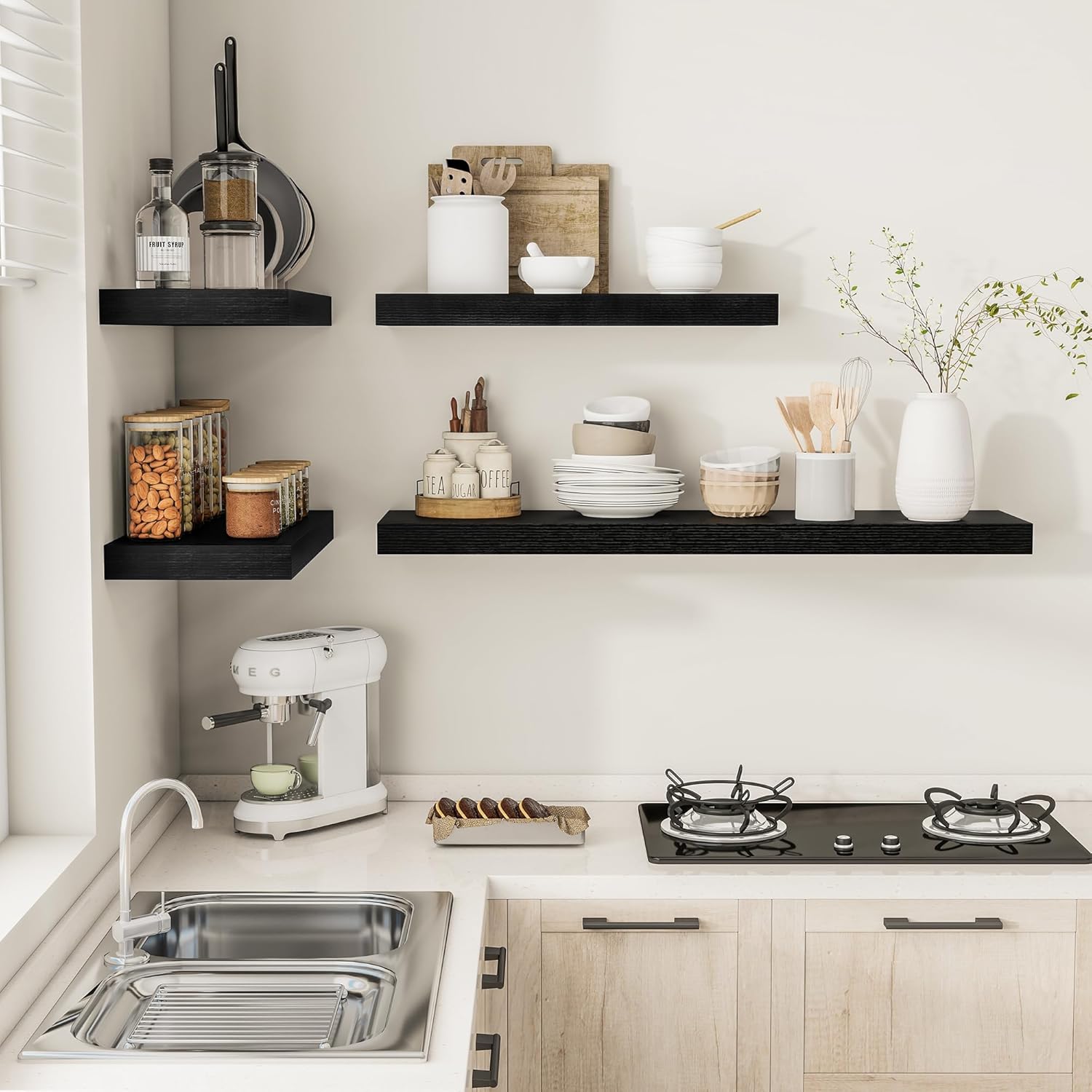 Black Floating Shelves for Wall 24 Inches Long, 12" Deep Wall Shelves 2" Thick, Heavy Duty Shelf