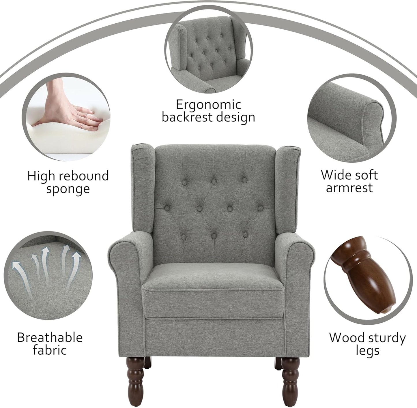 Lumibee High Back Accent Chair,Upholstered Wingback Armchair with Solid Wood Legs for Small