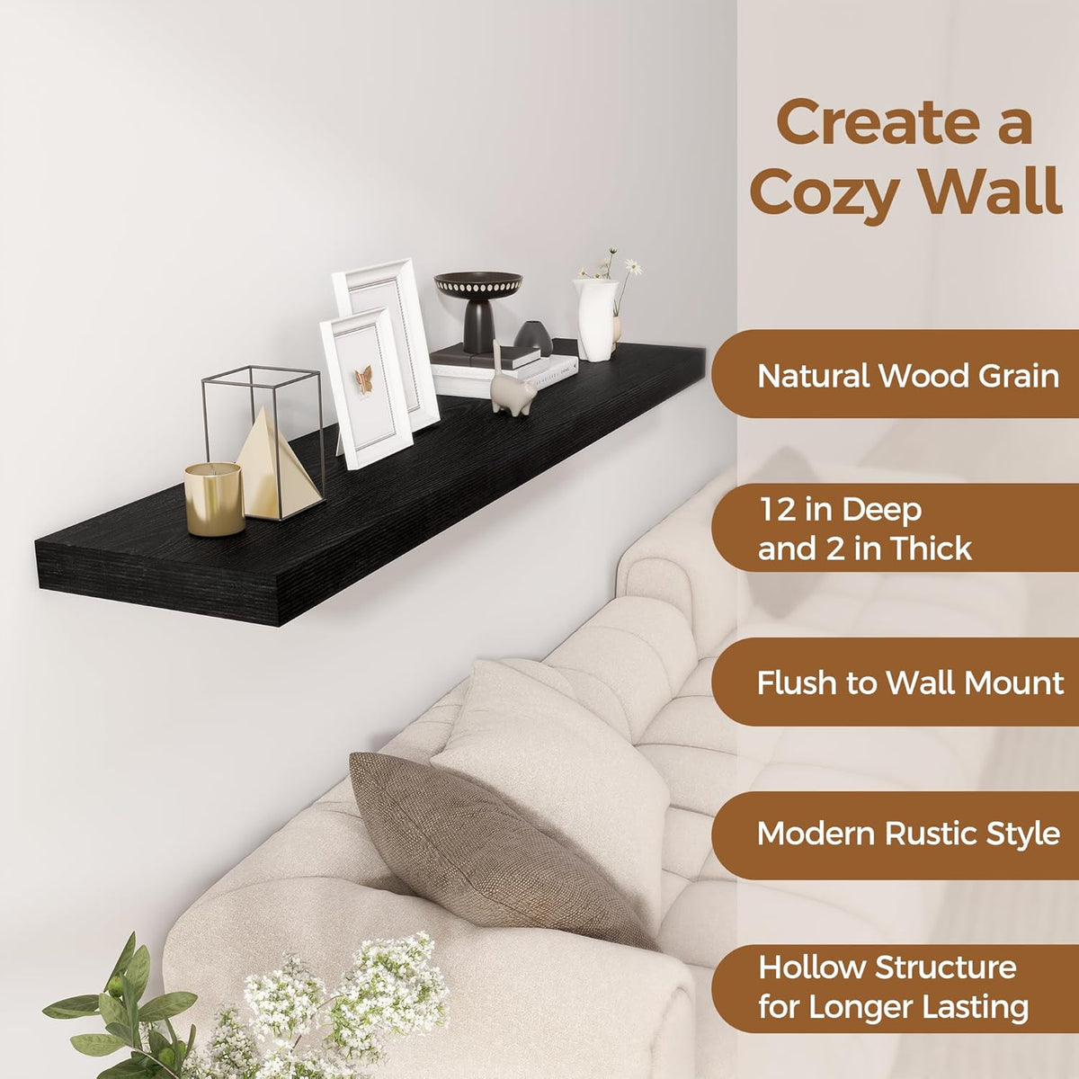 Black Floating Shelves 55 Inch Long, 12 Inch Deep Floating Shelves for Wall, 55 x 9 Large Floating