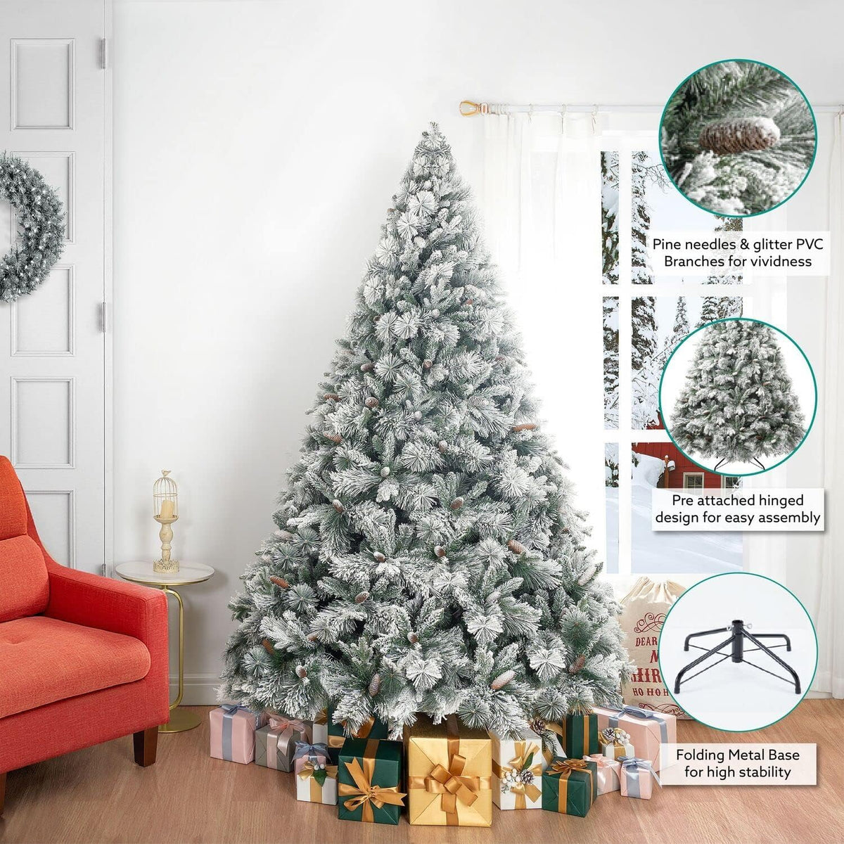 Glasgow 6.5ft Frosted Prelit Artificial Christmas Tree with Pine Cones, Foot Pedal, 1040 Branch