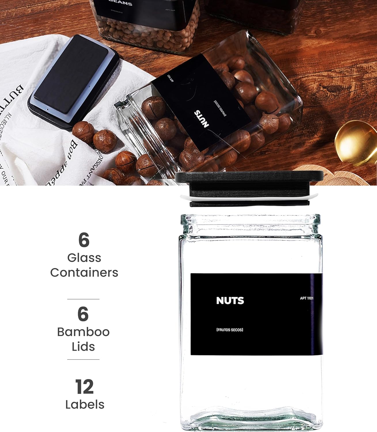 27 oz Glass Storage Jars with Bamboo Lid, set of 6, glass canisters with airtight lids, Clear jars