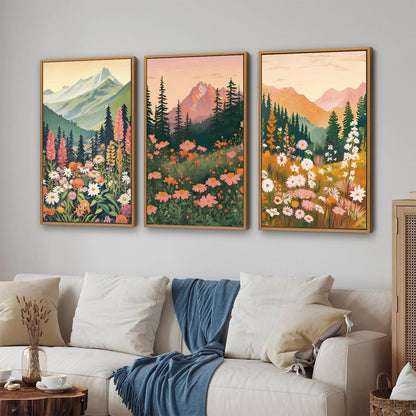 Tinonedraw Mountain Wildflower Framed Canvas Wall Art Set, Boho Mountains Landscape Wall Decor