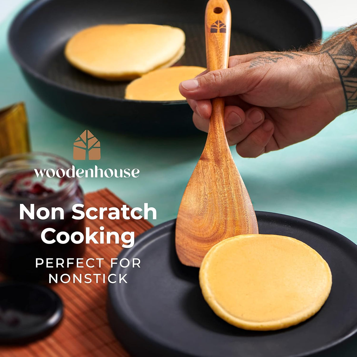 8 Pcs Teak Wooden Utensil Set with Holder, Spoon Rest & 6 Hooks - Durable Wooden Spoons for Cooking