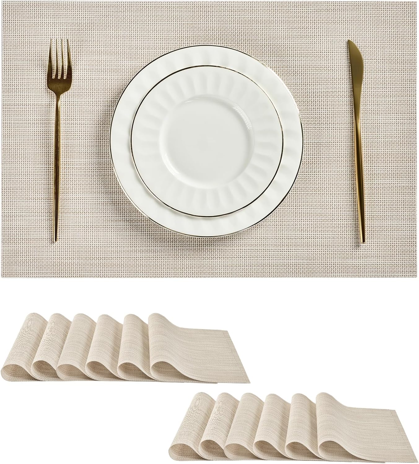 Leetaltree Beige White Placemats Set of 12 - Heat Resistant Non-Slip Place mats for Dining Table