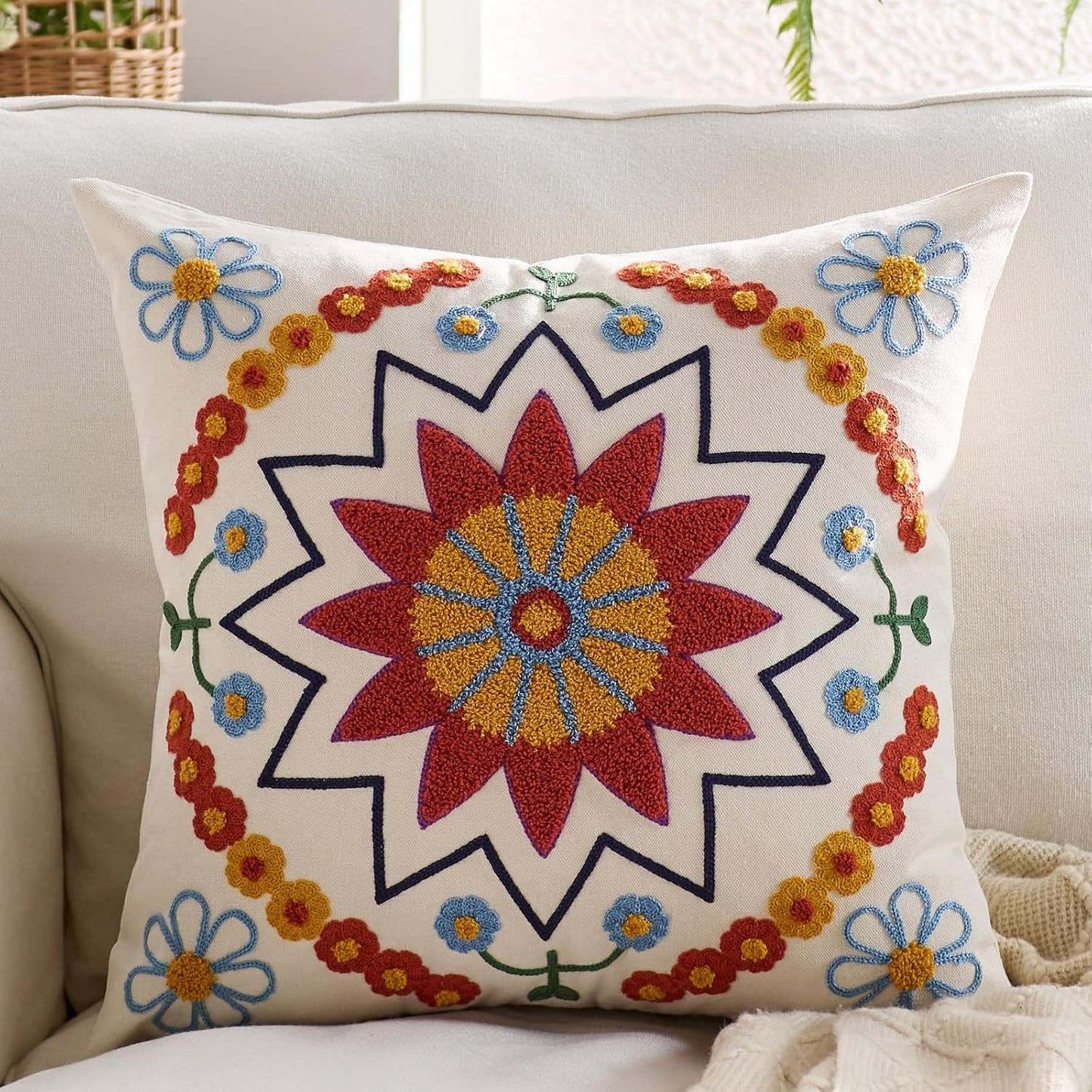 Embroidered Throw Pillow Cover 20x20 Classic Fall Boho Floral Pattern Pillows Cover Outdoor
