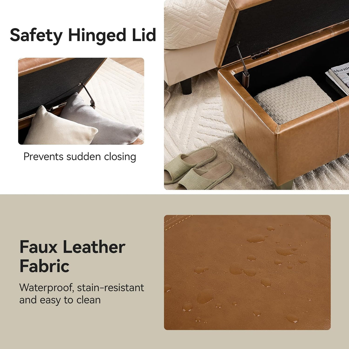 41" Faux Leather Storage Ottoman, Stitch Tufted Rectangle Upholstered End of Bed Storage Bench