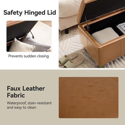 41" Faux Leather Storage Ottoman, Stitch Tufted Rectangle Upholstered End of Bed Storage Bench