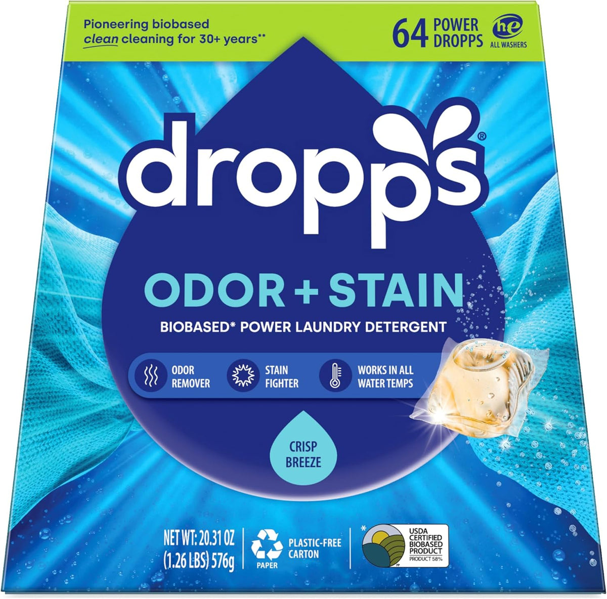 Dropps Odor & Stain Biobased Power Laundry Detergent Pods, Crisp Breeze (64 Pods) - HE Compatible