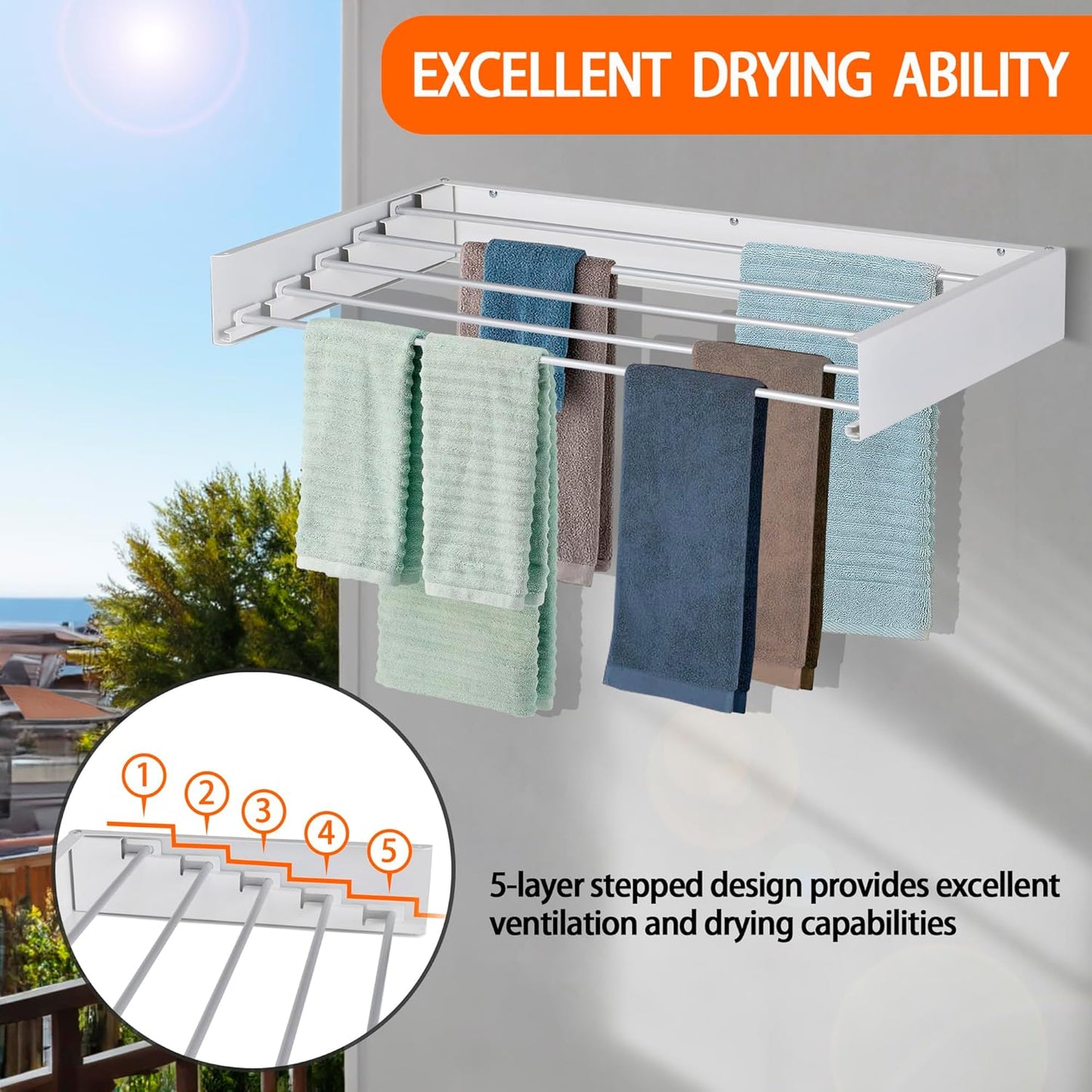 FOCHIER F Laundry Drying Rack Wall Mounted Clothes Drying Rack Collapsible with 5 Aluminum Rods and