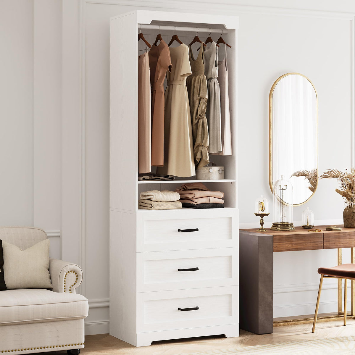 IRONCK Freestanding Closet System with Adjustable Shelves & 3 Drawers