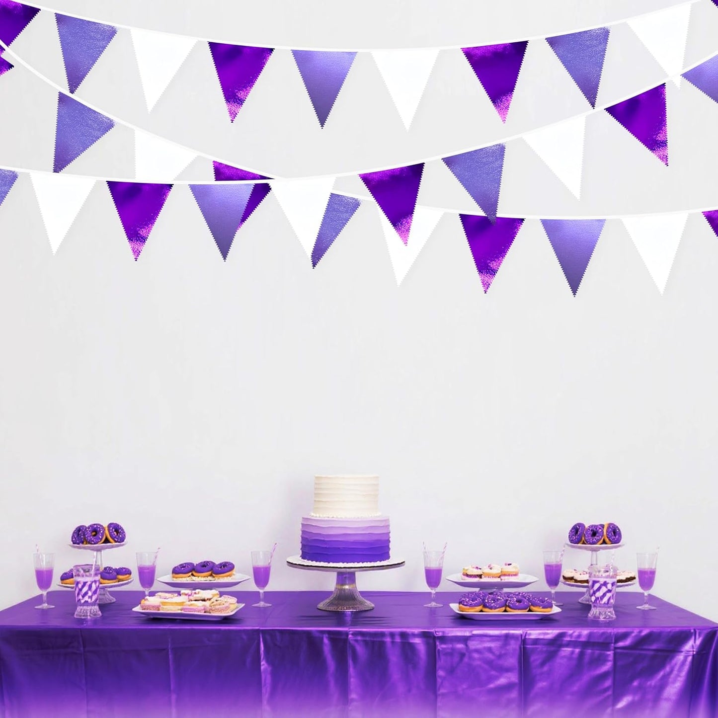 Purple and White Party Decorations Metallic Fabric Ombre Purple White Triangle Pennant Banner Flag