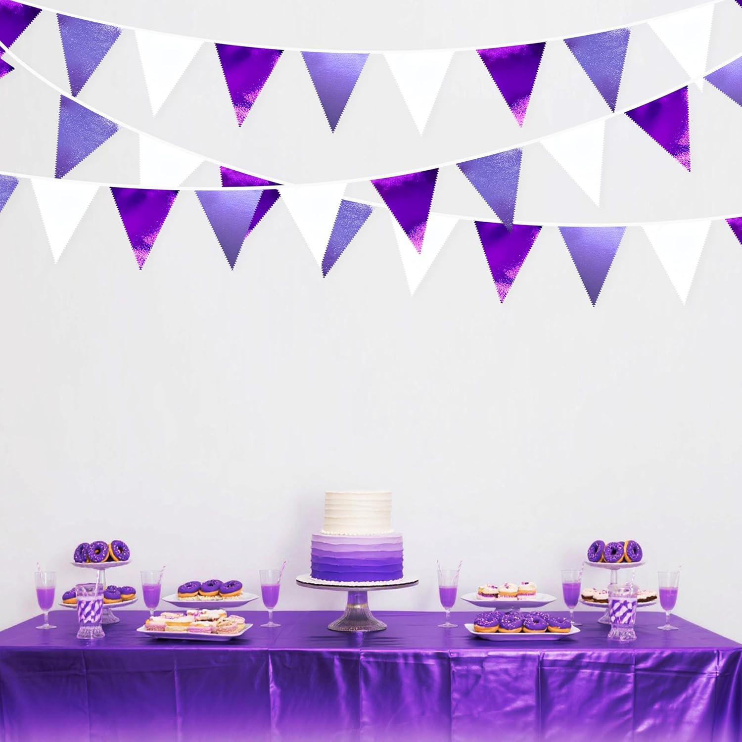 Purple and White Party Decorations Metallic Fabric Ombre Purple White Triangle Pennant Banner Flag