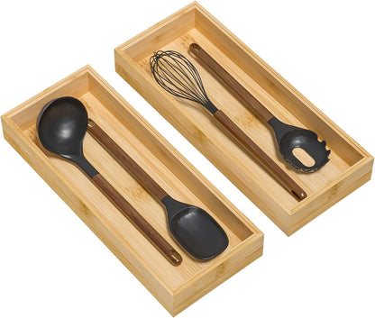 Bamboo Kitchen Drawer Organizer, Stackable Utensil Holder Silverware Organizer Cutlery Tray - 2PCS
