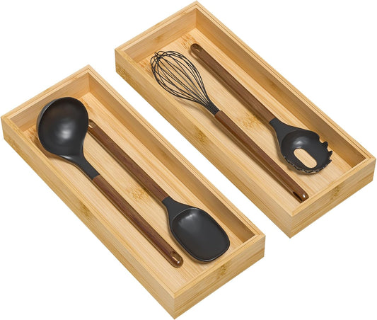 Bamboo Kitchen Drawer Organizer, Stackable Utensil Holder Silverware Organizer Cutlery Tray - 2PCS