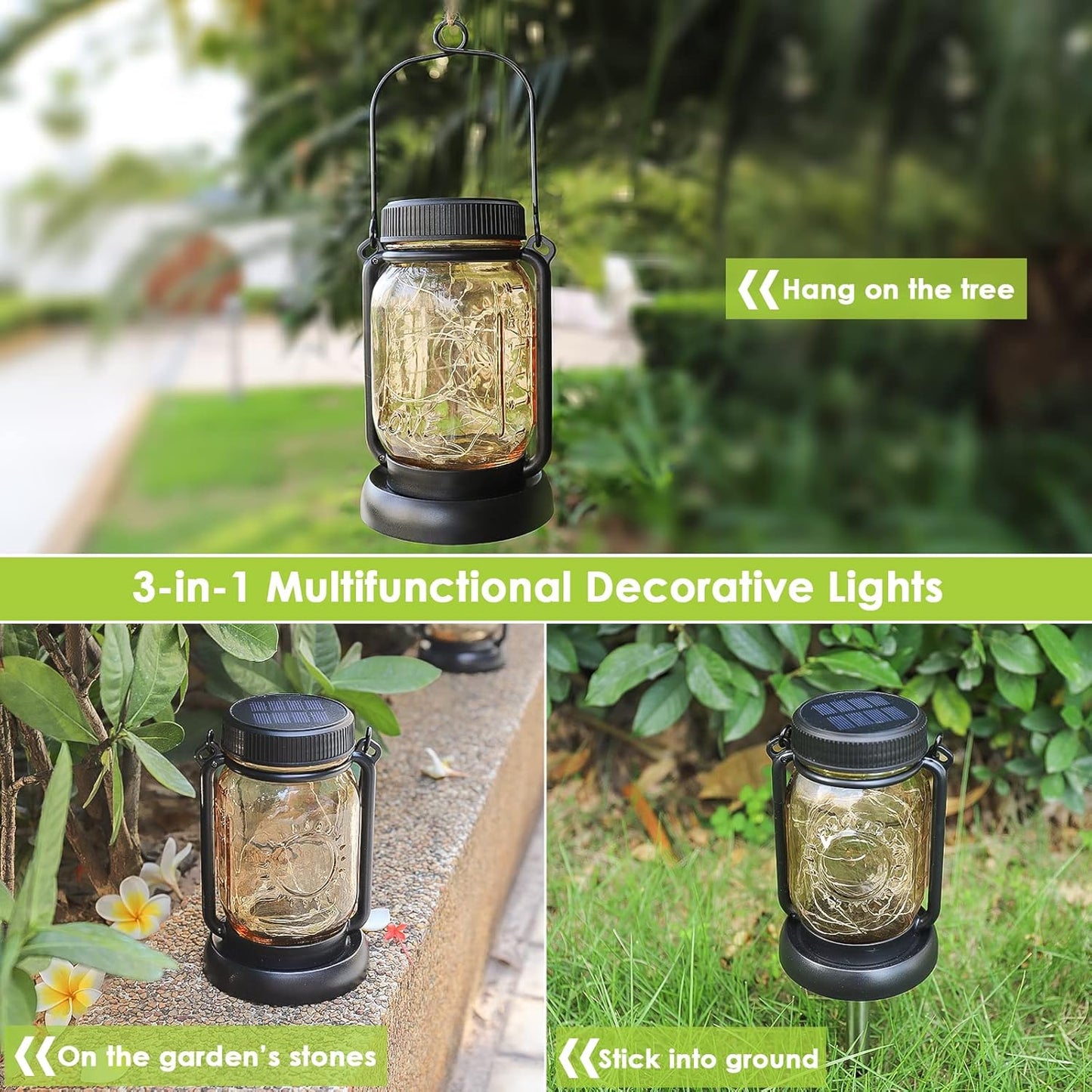 Mlambert 4 Pack Solar Hanging Lantern with Stakes, Outdoor Waterproof Solar Mason Jar Fairy String