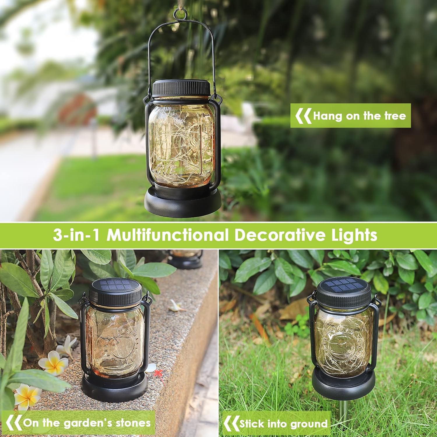 Mlambert 4 Pack Solar Hanging Lantern with Stakes, Outdoor Waterproof Solar Mason Jar Fairy String