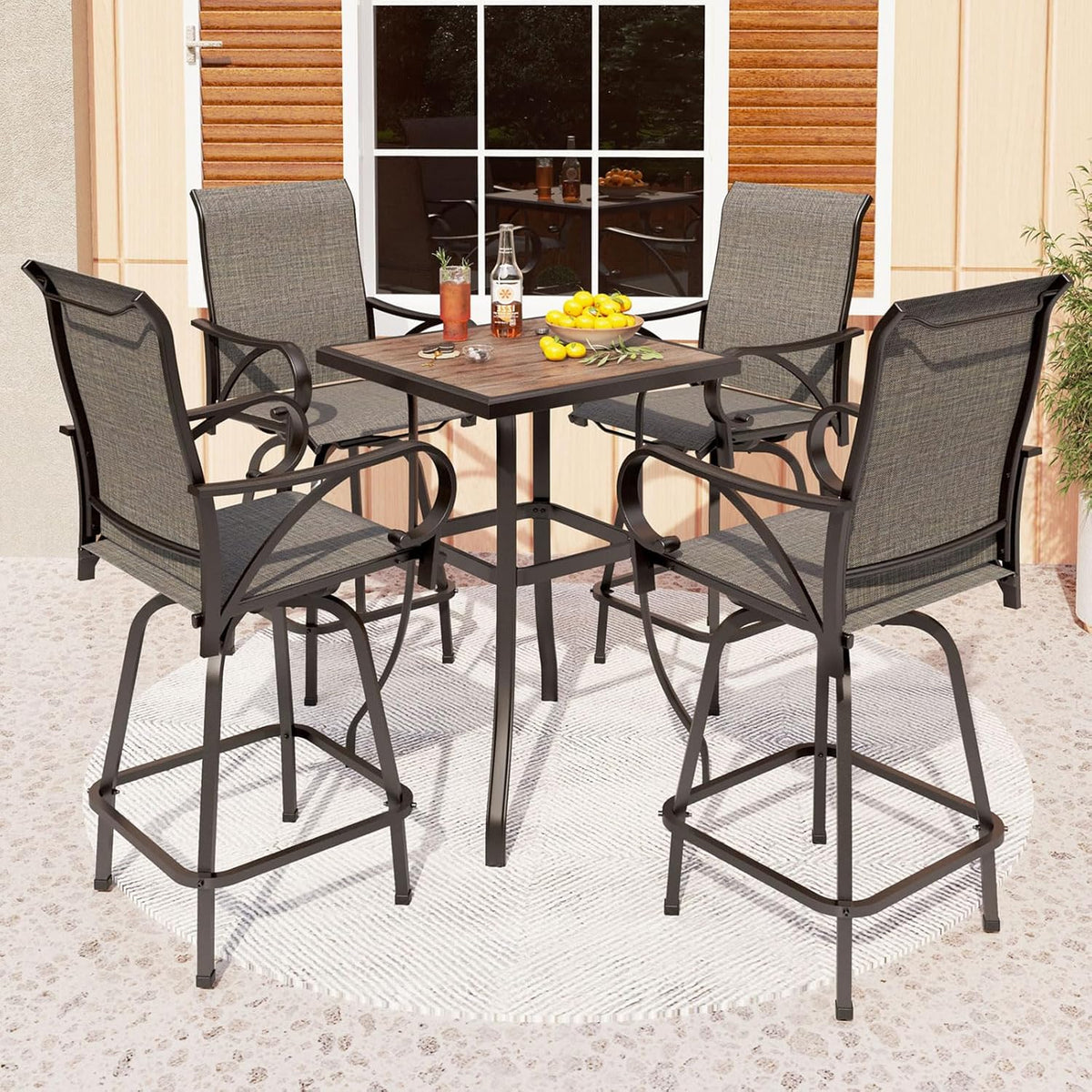 PHI VILLA 5 Piece Outdoor Bar Set, High Top Patio Table and Chairs with 4 Swivel Bar Stools (Grey)