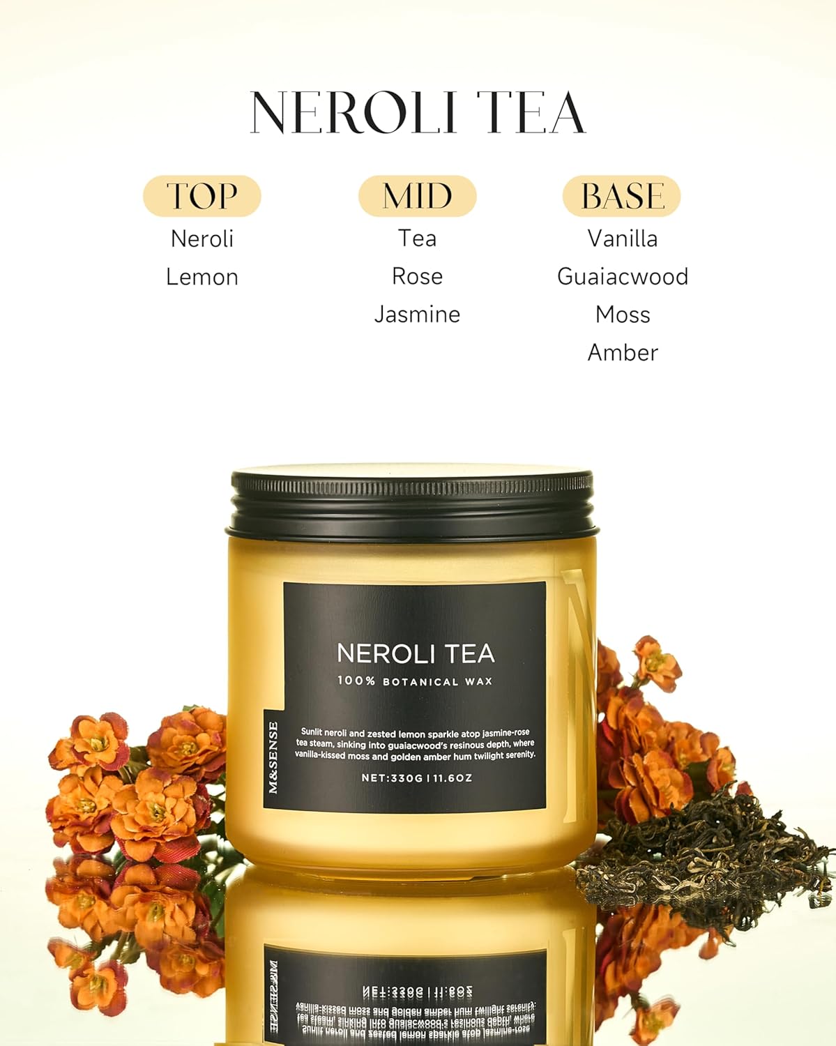 M&SENSE Neroli Tea Scented Candle - 11.6oz Natural Soy Wax Non Toxic 70-Hour Burn, 2-Wick Citrus